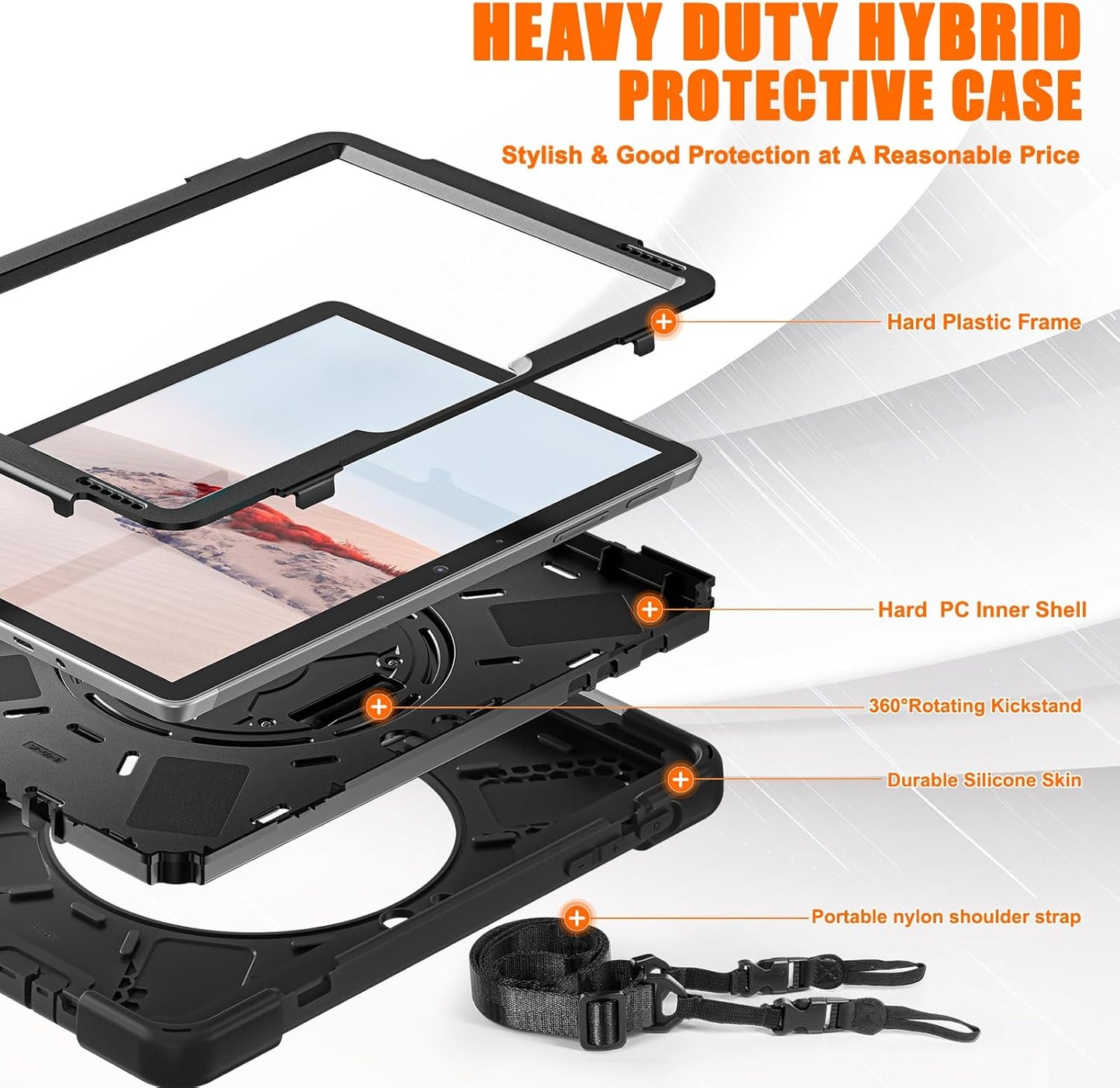 ZenRich Rugged Case for Surface Go 4 (2023)/Surface Go 3 (2021)/ Surface Go 2 (2020), Surface Go (2018) with Pen Holder Heavy Duty Shockproof Case with Stand Hand Strap and Shoulder Belt-Black