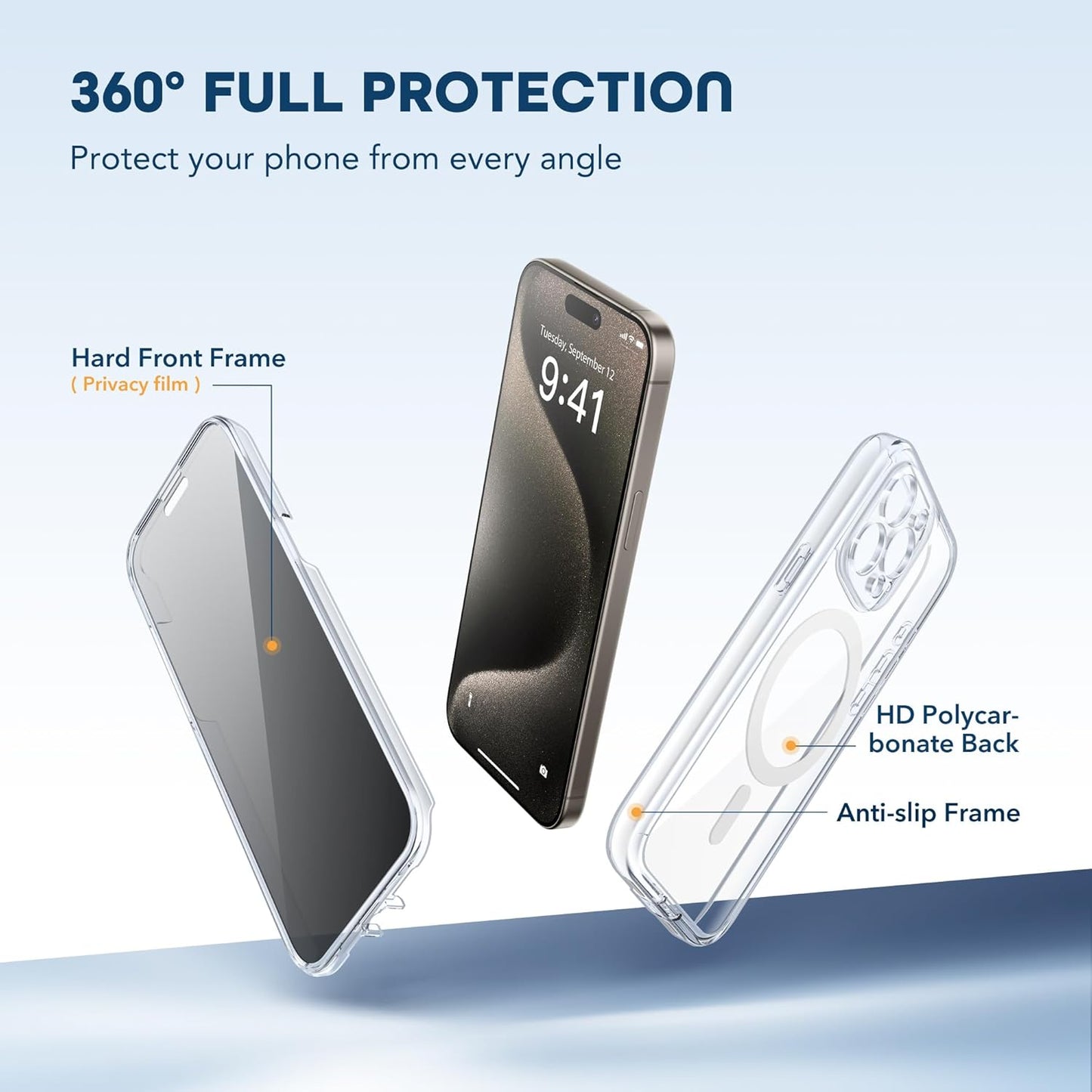 Magnetic for iPhone 15 Pro Case, Compatible with MagSafe, Built-in Privacy Screen Protector and Camera Protection, Anti Spy Full Body Dustproof Shockproof Hard Phone Case 6.1", Clear