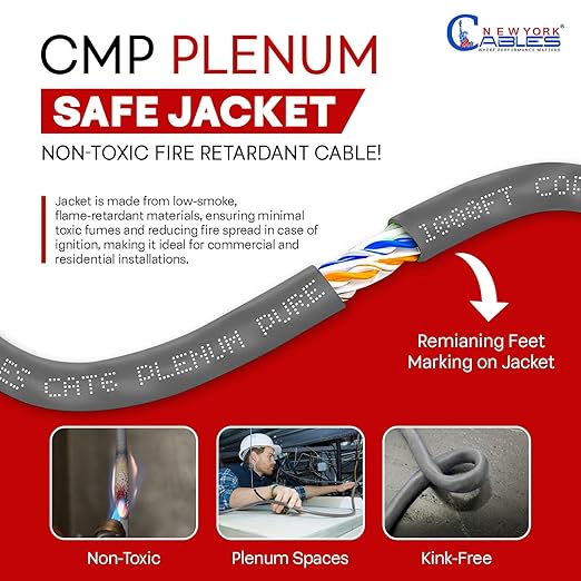 NewYork Cables CAT6 Plenum Cable 1000ft | 100% Solid Bare Copper, UTP, 550MHz, 23AWG, 4Pair 10GB Ethernet Cable, Certified CMP-Rated Bulk Cat 6 Cable for Networking & Gaming (1000ft, Pure Copper,Grey)