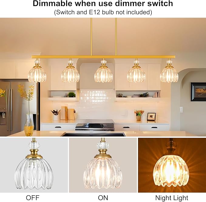 Gold Island Light for Kitchen, 5-Light Linear Chandelier for Kitchen Island with Tulip Glass Shades, Brushed Gold Finish Hanging Light Pendant Fixture Over Dining Table