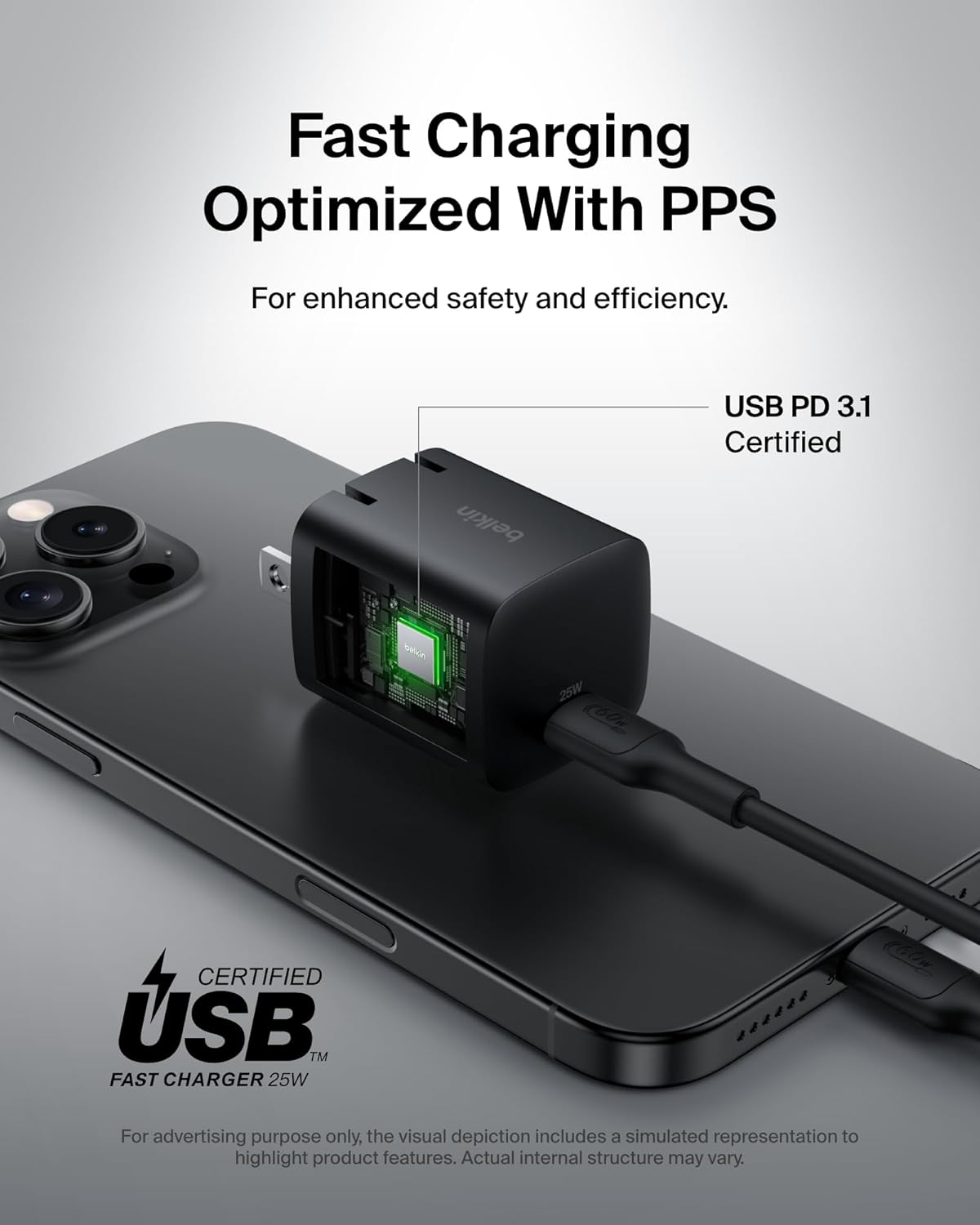 Belkin USB C Charger Block 25W – PD3.0 PPS Super Fast Charging - Samsung Galaxy S25, S24, S23, S22, Apple iPhone 16, iPhone 15/14/13 Plus, Pro, Pro Max, Google Pixel 9, Nintendo Switch, etc - Black