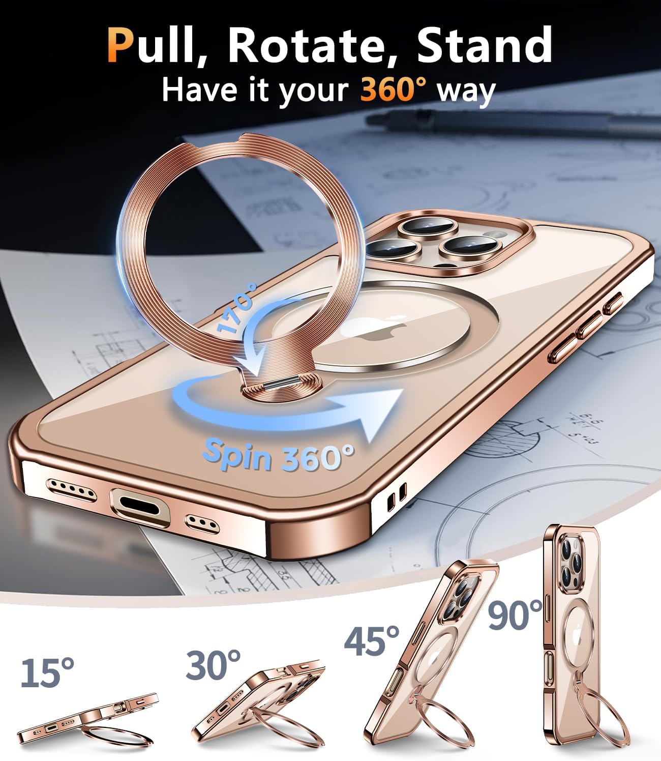 [360° Rotatable CD Stand & Built-in Privacy Screen Magnetic Case for iPhone 16 Pro[Compatible with MagSafe & Full Signal] Mil-Grade Shockproof Full Body Anti-Spy Cover for 16 Pro-Desert Gold