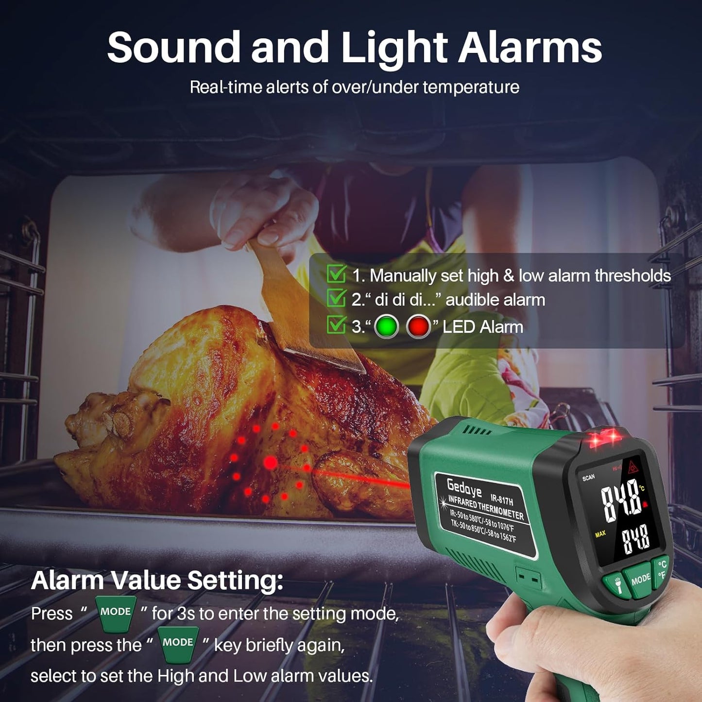 Infrared Thermometer for Cooking, Gedaye Surface Laser Temperature Gun with Laser Pointer 13:1, Metal Probe, Adjustable Emissivity, -58℉ to 1562℉, Thermal Thermometer Gun for Pizza Oven Engine HVAC