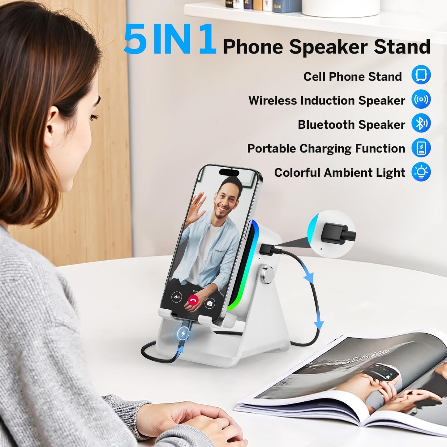 Wireless Induction Speaker 5-in-1 Bluetooth Speaker with Phone Stand,Stereo Sound, 3500mAh Rechargeable, 8 RGB Ambient Light, 360° Adjustable Holder for iPhone/Android/iPad,Gifts for Men Women (White)