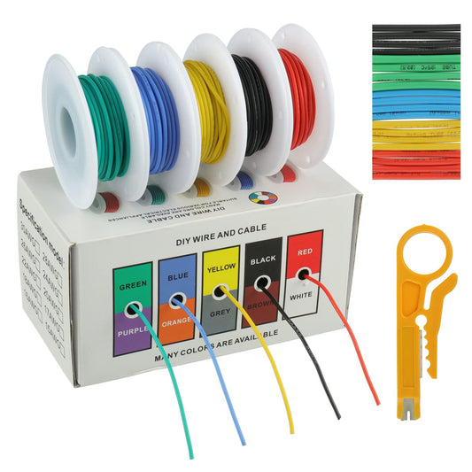 BOJACK 24 AWG Flexible Silicone Wire Electric Wire Hook up Wire Kit 300V Cables with Plus 20 φ3mm Heat Shrink Tubings and a Mini Wire Stripper(5 Colors 19.69Ft Each Color, 24AWG)