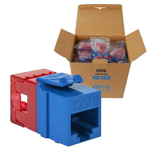 ICC CAT6 Keystone Jack with Slim Profile 180 Degree Punch Down, RJ45 UL Listed PoE++ TAA Compliant for Wall Plate or Patch Panel, Works with JackEasy Termination Tool, Blue 400 Pack