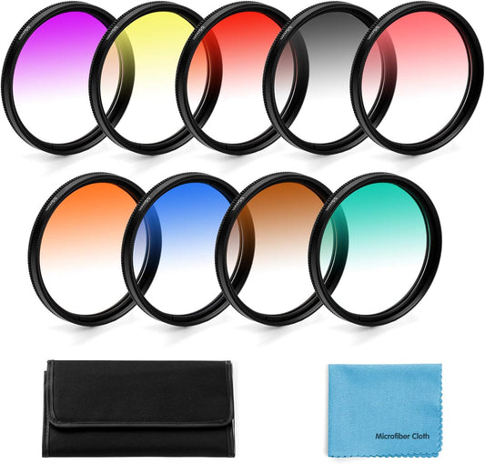 40.5mm Graduated Color Filters Kit 9 Pieces Gradual Colour Lens Filter Kit Set Accessory for Canon Nikon Sony Pentax Olympus Fuji DSLR Camera + Lens Filter Pouch +Lens Cleaning Cloth