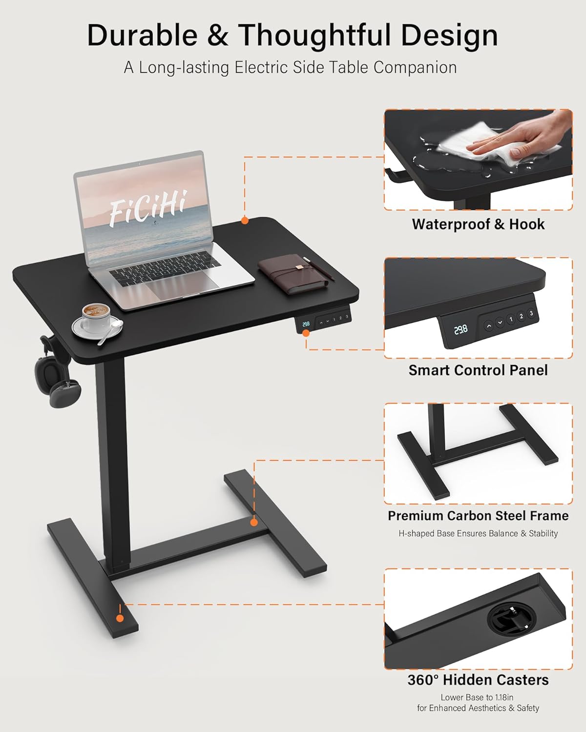 Small Mobile Standing Desk with Wheels, Electric Height Adjustable Portable Rolling Computer Cart, Movable Sit Stand Laptop Table for Sofa, Bedside, Home Office Workstation (27.6", Black)