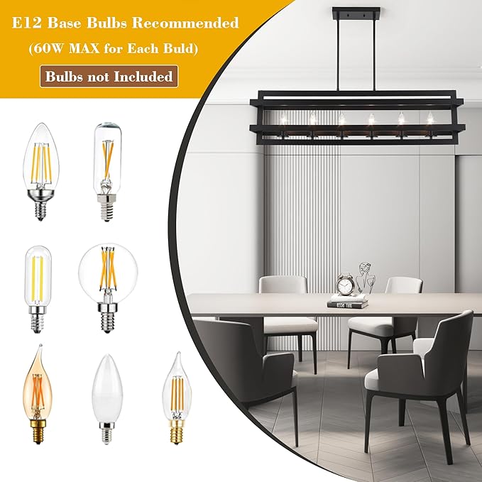 Black Chandeliers Rectangle Pendant Lights Kitchen Island Farmhouse Dining Room Light Fixtures 6-Lights Modern Chandelier for Living Room Kitchen
