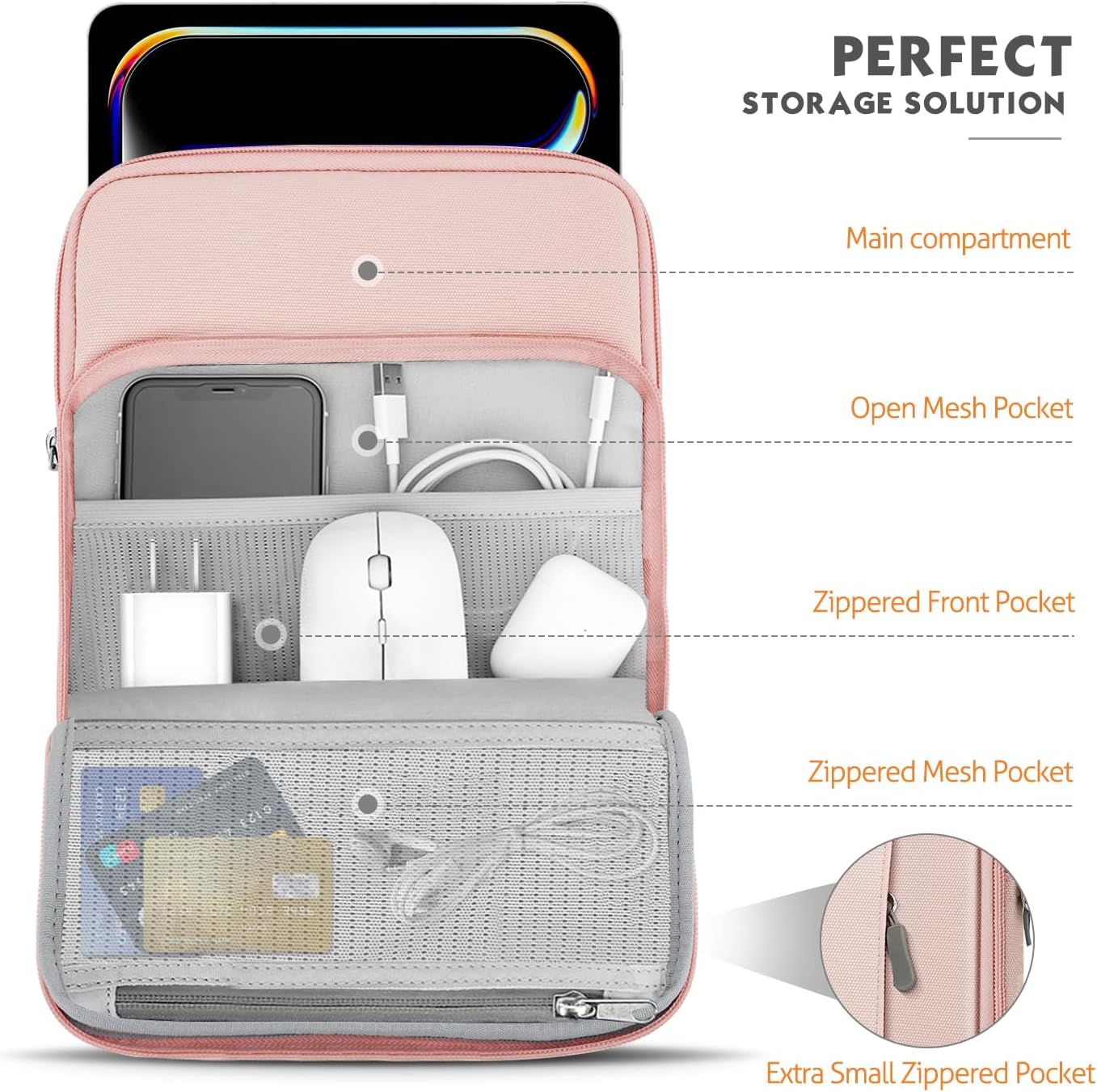 MoKo 12.9 Inch Tablet Sleeve Bag Carrying Case with Pockets Fits 13 Inch New iPad Pro M4 & Air M2 2024, iPad Pro 12.9 M2&M1, Surface Laptop Go 12.4", Galaxy Tab S8+/S9+ 12.4", Pink