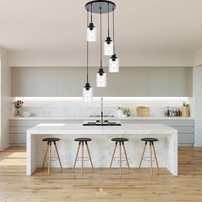 Pendant Light Fixture 5 Light Black Cluster Chandelier Seeded Glass Farmhouse Pendant Lighting for Kitchen Islands, Modern Dining Room House Foyer Entryway Bedroom Living Room Ceiling Lights