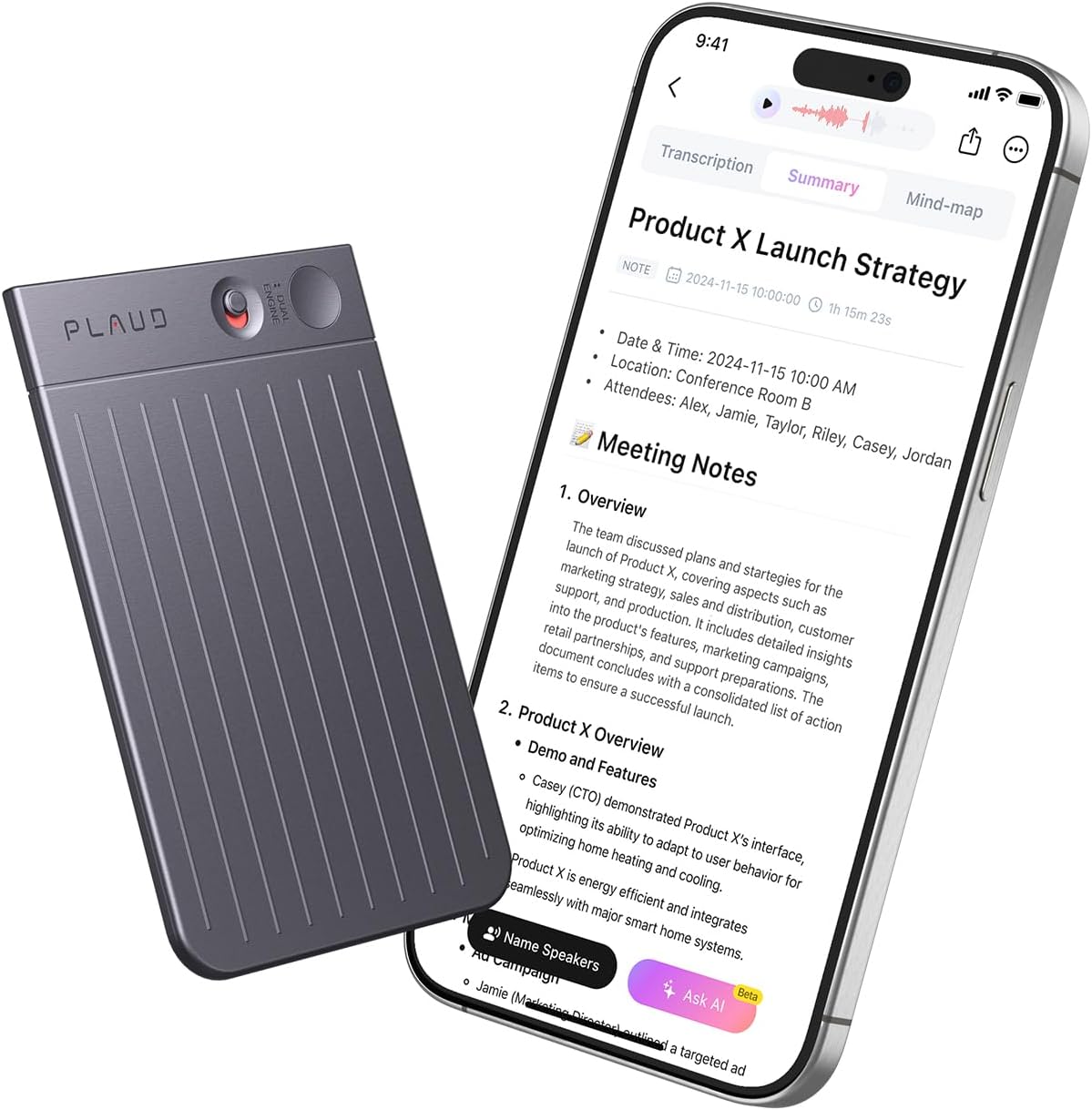Plaud Note AI Voice Recorder Black with Black Case, App Control, Transcribe & Summarize with AI Technology, Support 112 Languages, 64GB Memory, Audio Recorder for Lectures, Meetings, Calls