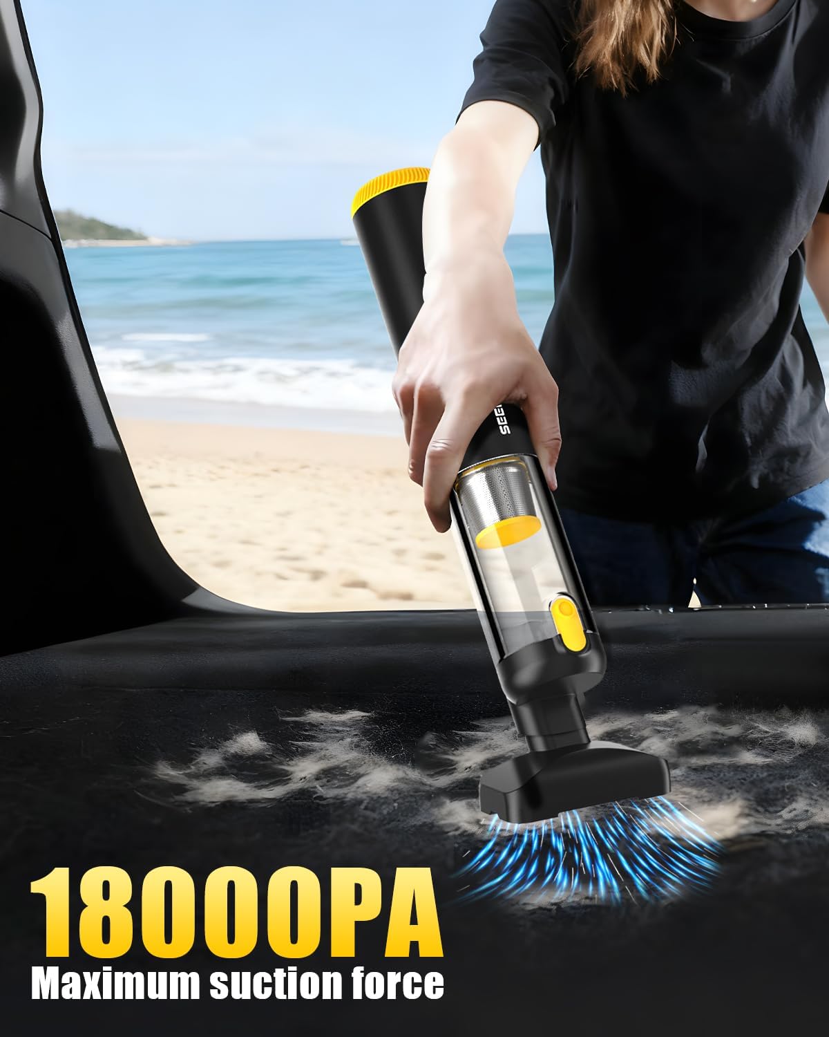 SEEDUSTRY Handheld Vacuum Cleaner Cordless, Mini Car Vacuum/Portable Pet Grooming Vacuum Cleaner, 3 Suction Modes-Up to 18000pa, 6 Blow & Suck & Deflate & Inflate Nozzles for Car, Pet, Office, Home