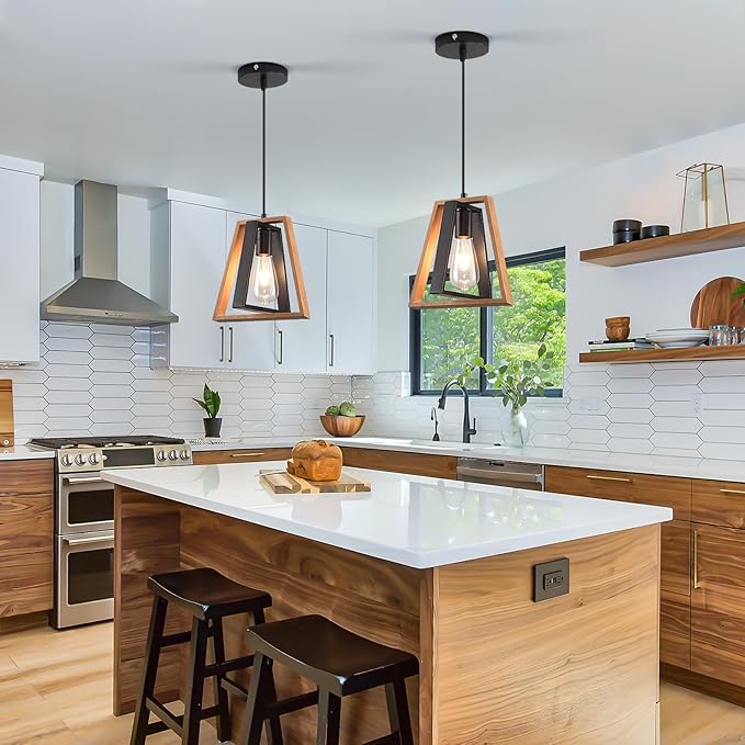 3 Pack Kitchen Island Pendant Lights, Black Industrial Metal and Vintage Wood Hanging Light, Mini Farmhouse Chandelier, Adjustable Height Rustic Ceiling Lamp for Entryway, Dining Room, Foyer