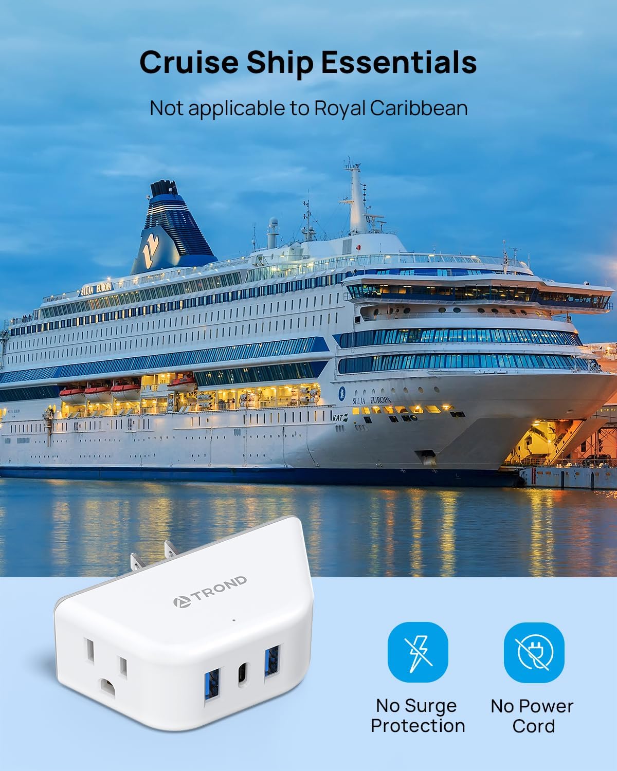 TROND Outlet Extender with USB, Wall Splitter with 2 AC Sockets, 3 USB Ports, 3-Side Design Wall Plug Adapter, Cruise Essentials, Plug Extension Outlet for Travel Home Office, White