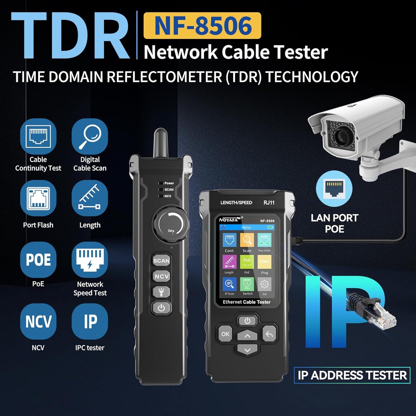 NOYAFA NF-8506 Network Cable Tester with IP Scan, TDR CAT5 CAT6 Ethernet Cable Tester, PoE PingTest, Network Rate Test, Port Flashing, Network Tester Cable Toner for RJ11 RJ45