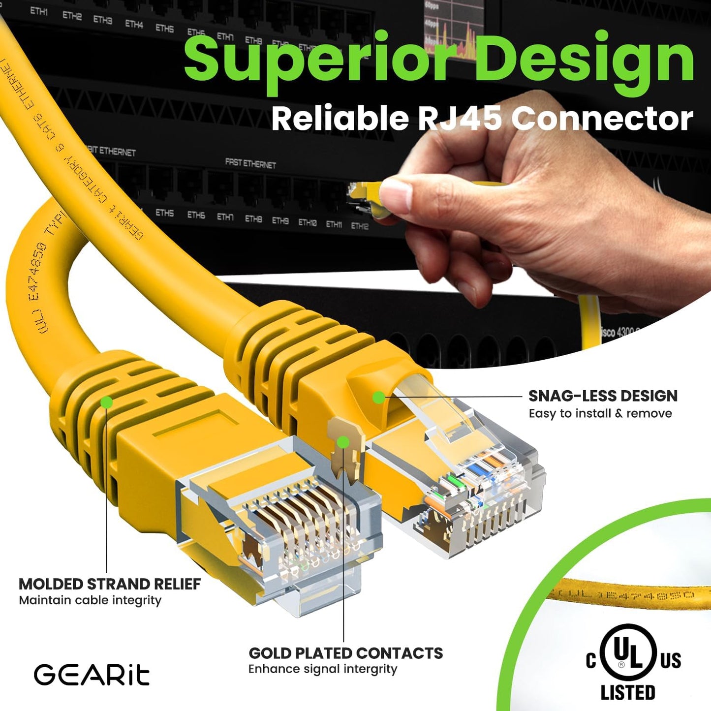 GEARit Cat 6 Ethernet Cable (1-Pack 50 Feet) Cat6 Network Patch, 10Gbps, RJ45, Snagless Cord, Gold-Plated Connectors, Internet for PC, TV, Tablet, Router, Printer, Servers, IT Data Center - Yellow
