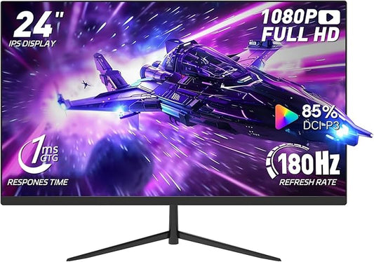 24 Inch FHD IPS Gaming Monitor, 180Hz, 1ms, HDMI VGA Ports VESA Compatible, Tilt Adjustable, Borderless Design, Multi-Screen Capability, AMD FreeSync & G-Sync Compatible, Build-in Speakers