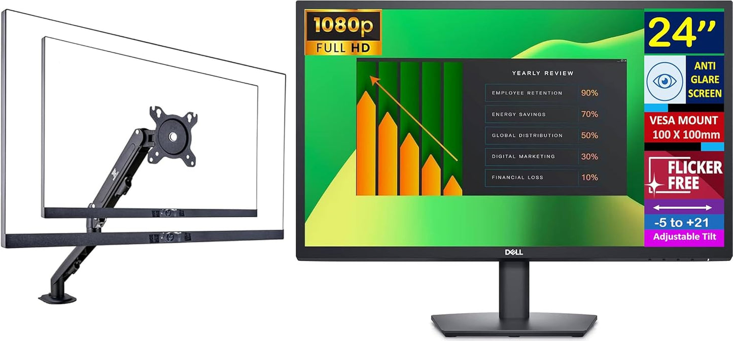 Dell 24" FHD VA Monitor with 5 ms Response Time, Flicker Free & Anti-Glare Display, VESA Mount(100x100mm), 1 x DisplayPort, VGA, Home & Business, Black (2025 Latest Model) & Ergoflexy Single Mount Arm