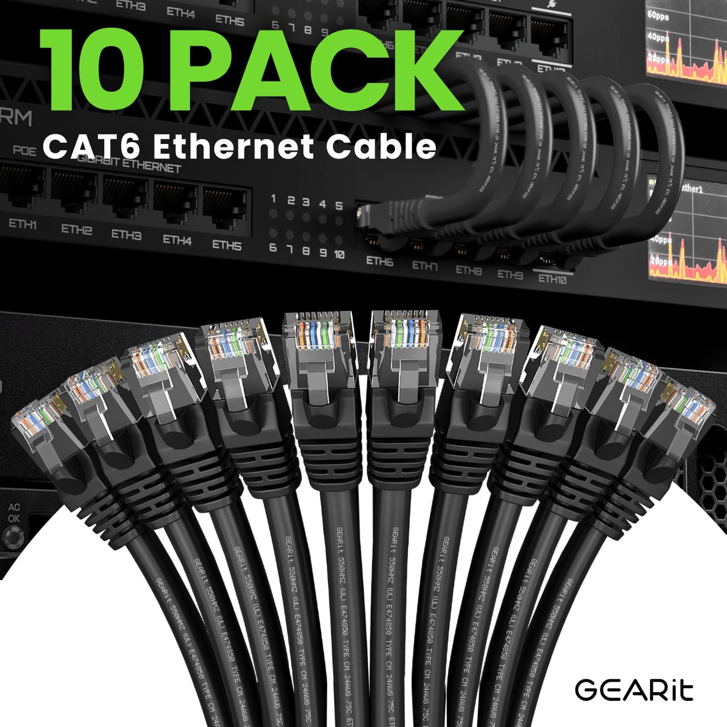 GearIT Cat 6 Ethernet Cable Pack - 10-Pack 1 ft Cat6 Ethernet Patch Cables | RJ45 Network Patch Cable, 10 Gbps Snagless Gold-Plated Connectors - Ethernet Cable Cat 6 for PC, TV, Router - Black