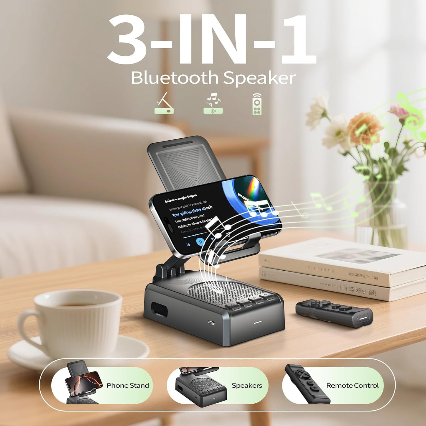 Cell Phone Stand with Bluetooth Speaker and Remote Control(Video Control/Camera Control),Birthday Gift, Portable Bluetooth Speaker for Home and Outdoors, All Day Playtime, Compatible with iOS/Android
