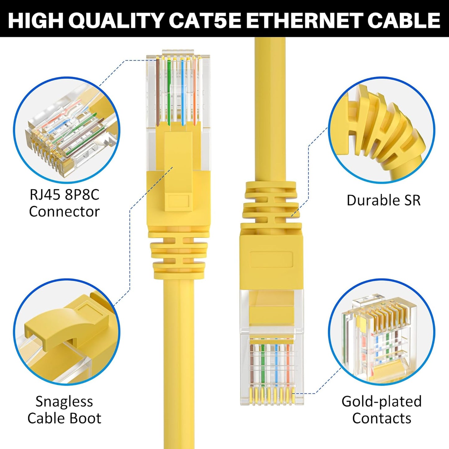 Cat5e Ethernet Cable 100 FT, Long Cat 5e Internet Cable, Yellow Snagless Patch Cord, Flexible, Network, LAN, PoE, Standard RJ45 Connector for PC, Server, Router, Modem, TV, PS5 - with 15 Cable Ties
