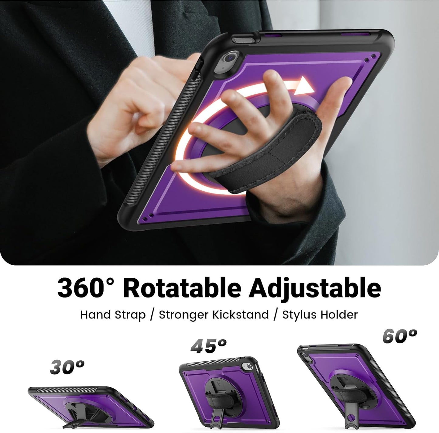 SCSVPN Case for iPad (A16) 11th Generation 11 Inch 2025 / 10th Generation 10.9 Inch 2022, Shockproof Protective Case with Screen Protector, Pencil Holder, Rotating Stand, Hand/Shoulder Strap - Purple