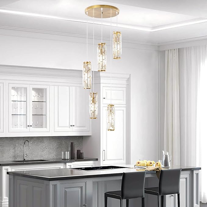 LMQNINE Pendant Light, Gold Modern Pendant Light Fixtures, Mini Crystal Chandeliers, Adjustable 5-Light Pendant Lighting for Kitchen Island Dinning Room Bedroom (Gold 5-Light)…