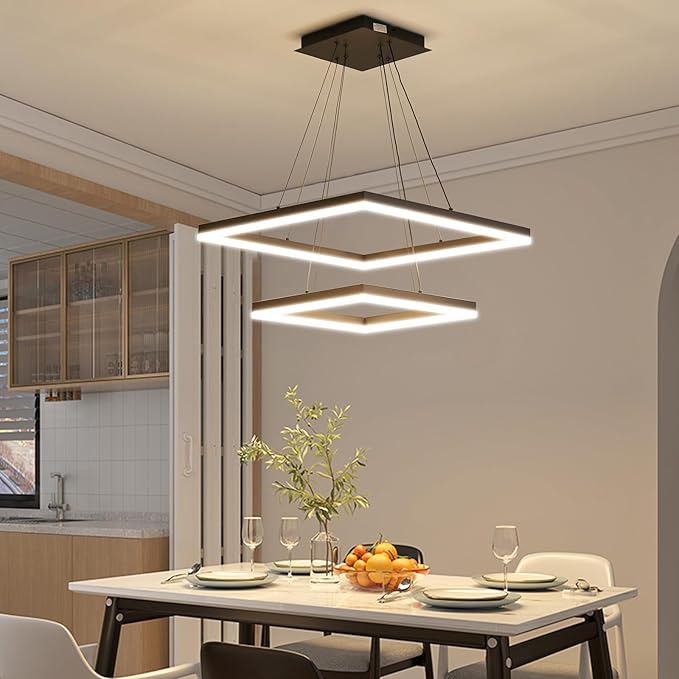 LED Pendant Light Fixture for Dining Room, 3000K-6500K Dimmable Modern Chandelier, Adjustable Height, 2 Layer Square Minimalist Ceiling Hanging Lamps for Kitchen Island, Living Room, Foyer
