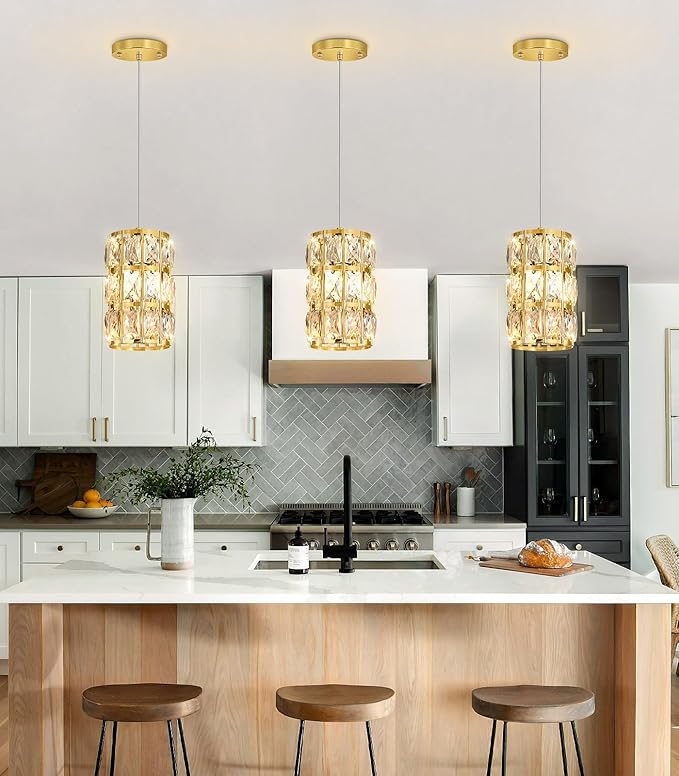 1-Lights Modern Crystal Pendant Lights for Kitchen Island LED Dimmable Glam Pendant Lighting Chandelier for Dining Room Hallway Corner Lamp Gold