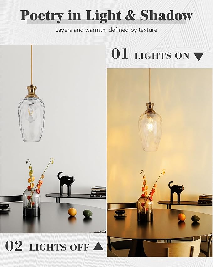 1-Light Farmhouse Pendant Light, Modern Hanging Ceiling Light with Hammered Glass in Brushed Brass Gold for Dining Room Kitchen Island Over Table