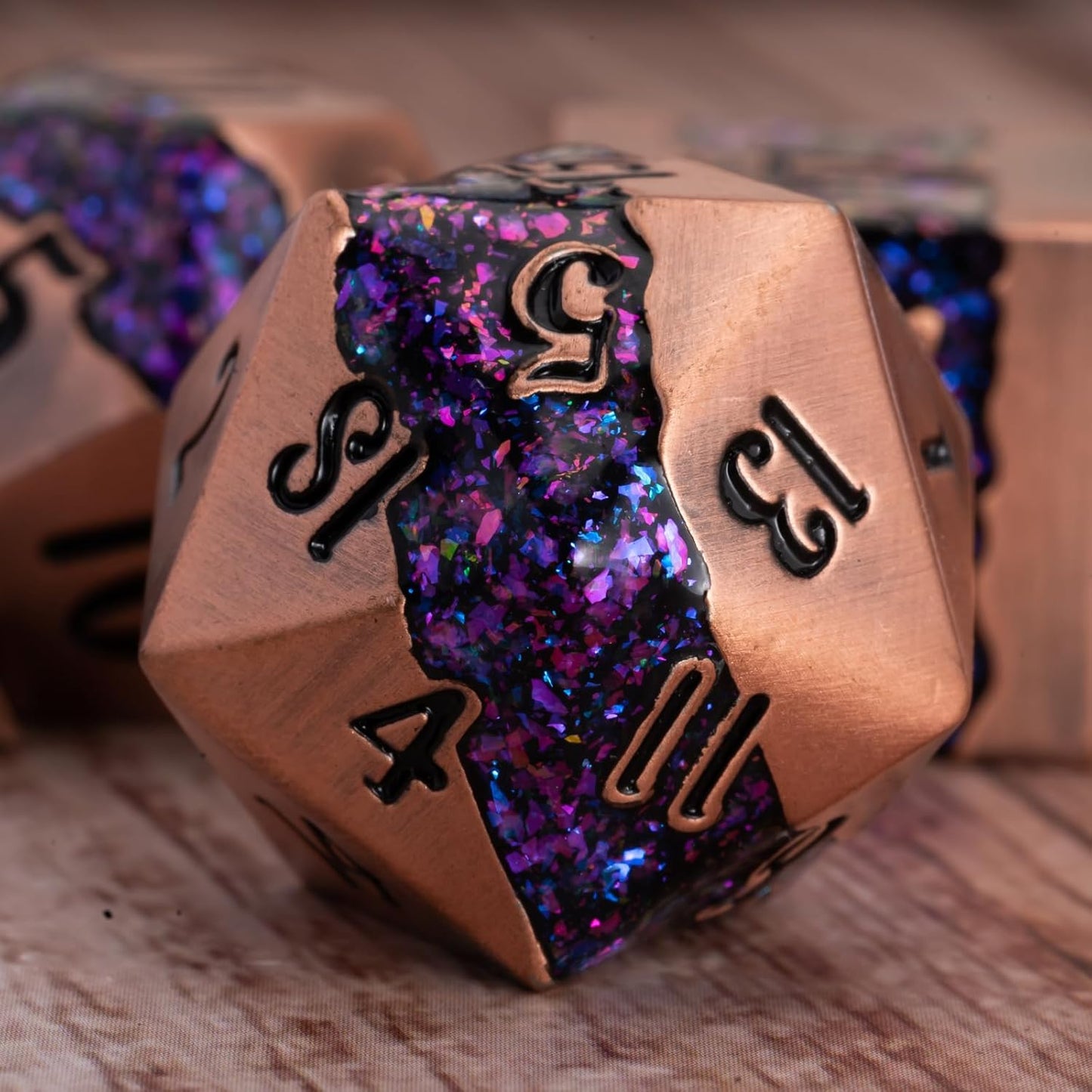 Polyhedral Metal Dice DND,RPG Purple Glitter Stripe Dice Set,Antique Copper Metal Dice Set for Role Playing Games