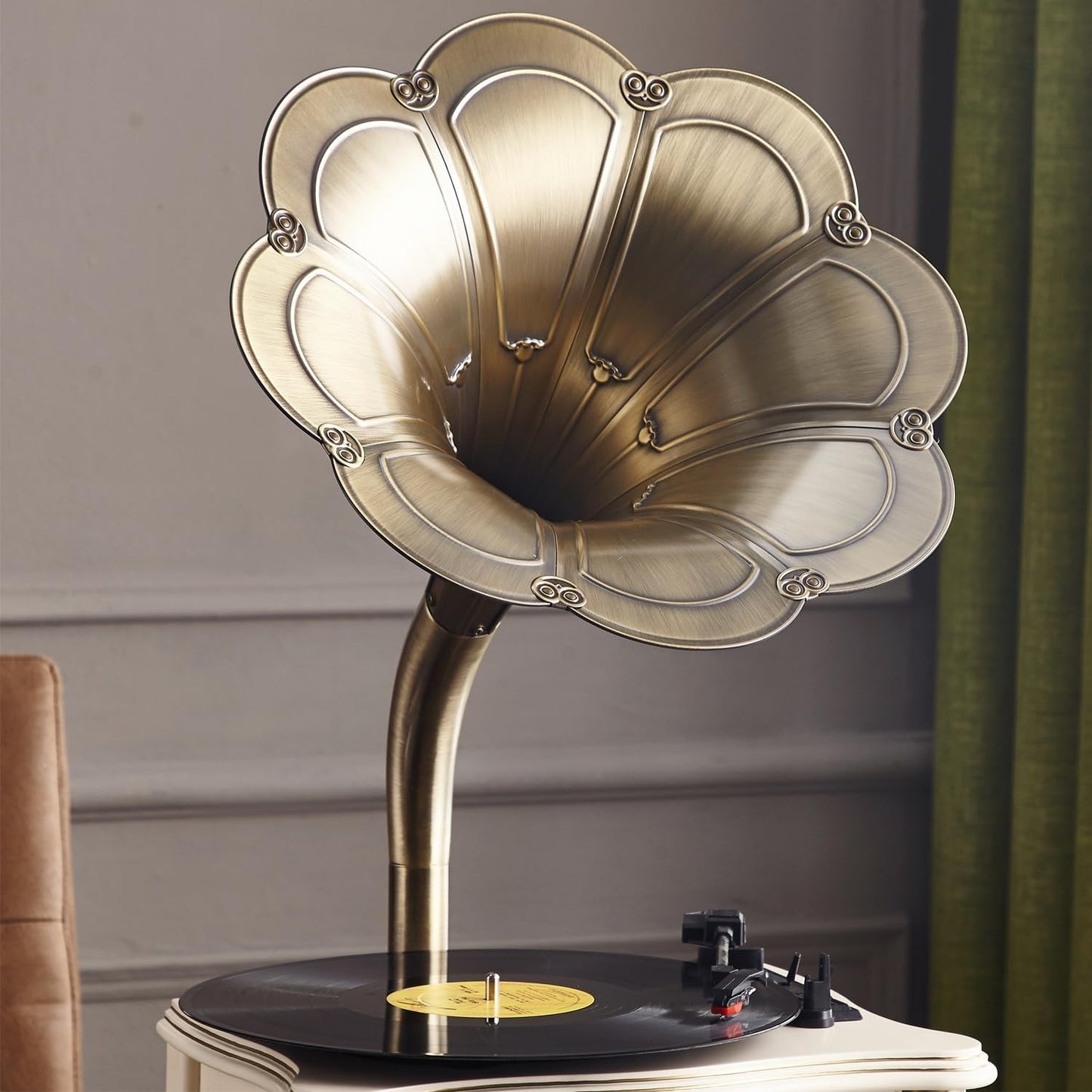 Vintage Gramophone with Bluetooth Output Vintage Record Players Retro Gramophone Turntables for 7" 9" 12" Vinyl Records 3 Speed, Hi-Fi, Handcrafted by Pure Oak (Dark Green)