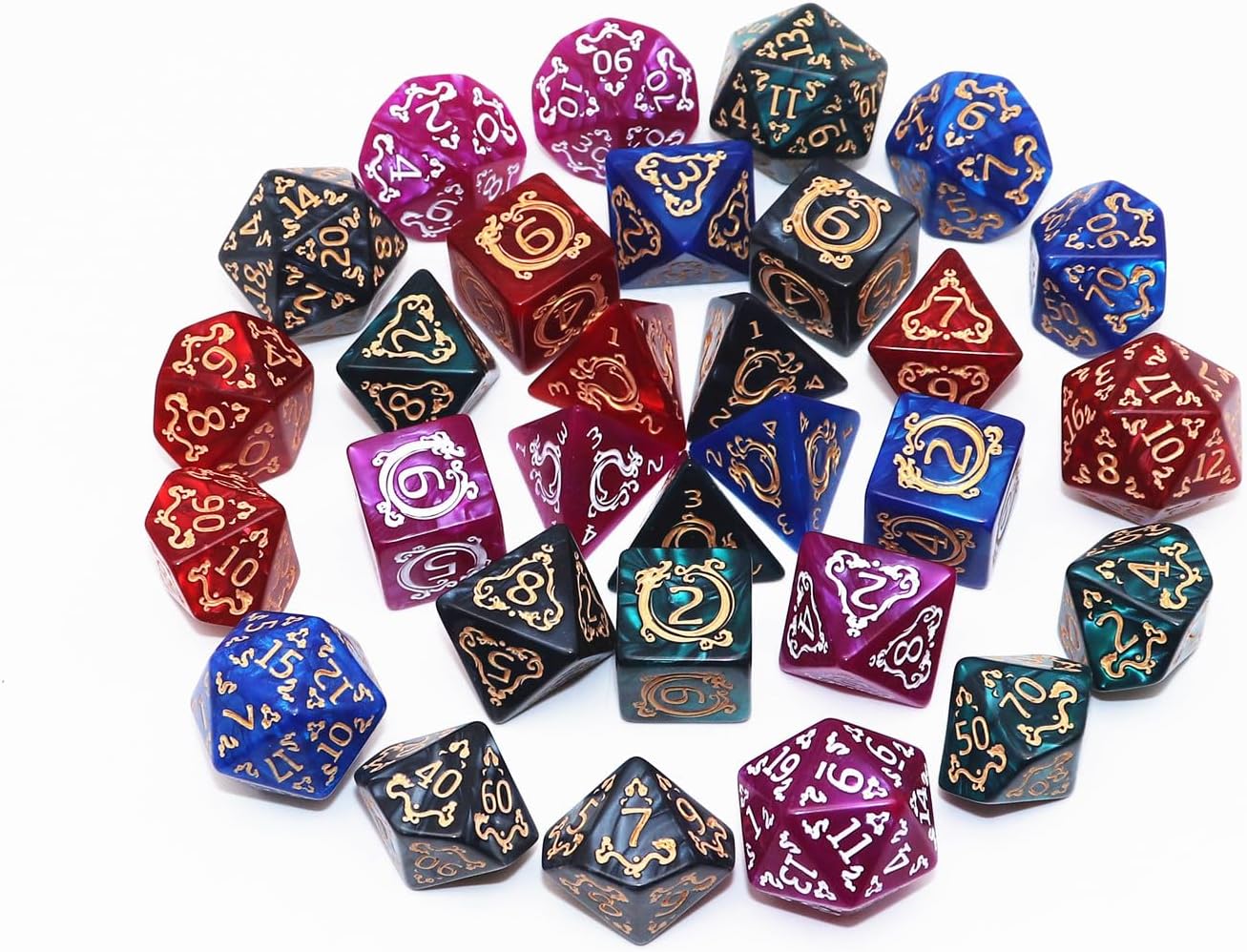 Polyhedral DND Dice Set, 5 Pack Vintage Dragon-Patterned Dice Sets Compatible with Dungeons and Dragons D&D RPG Games,35 Pieces (5 Colors with Black)