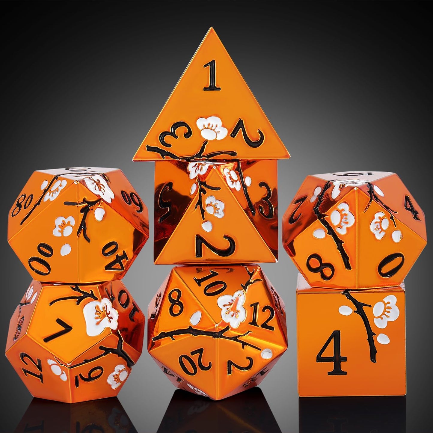 Orange Metal Dice D&D, DNDND 7 PCS Heavy Metallic DND Dice Set with Gorgeous Gift Case for Dungeons and Dragon Tabletop Game (Orange with White Flowers)