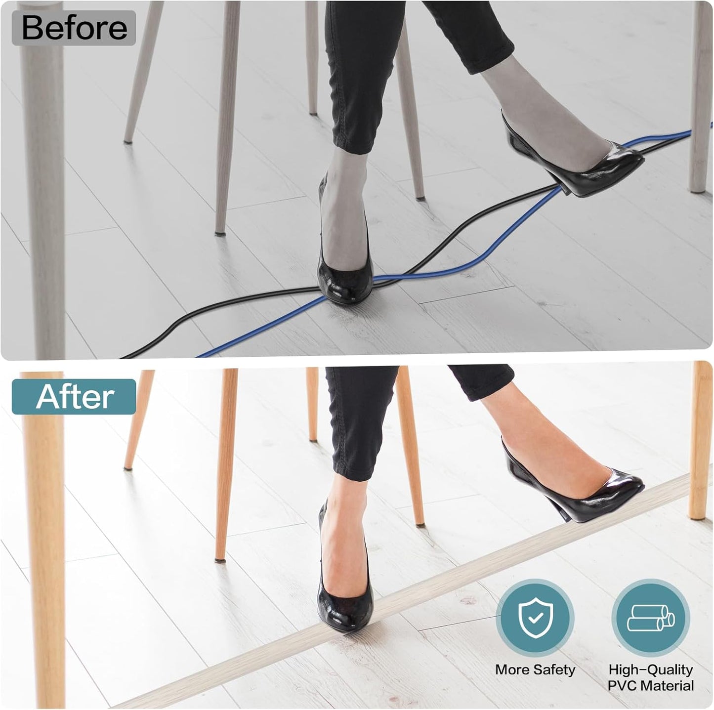 Floor Cord Cover Self Adhesive Cord Hider Floor Extension Cord Covers for Floor Power Cord Protector Cable Management Prevent Cable Trips Cable Cavity 0.32" W x 0.32" H (Beige Wood, 20Ft)