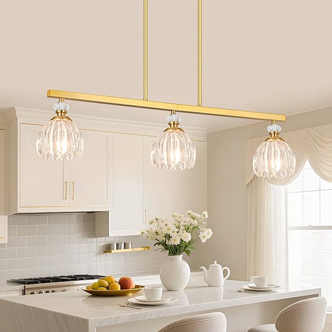 Gold Island Light for Kitchen, 3-Light Linear Chandelier for Kitchen Island with Tulip Glass Shades, Brushed Gold Finish Hanging Light Pendant Fixture Over Dining Table