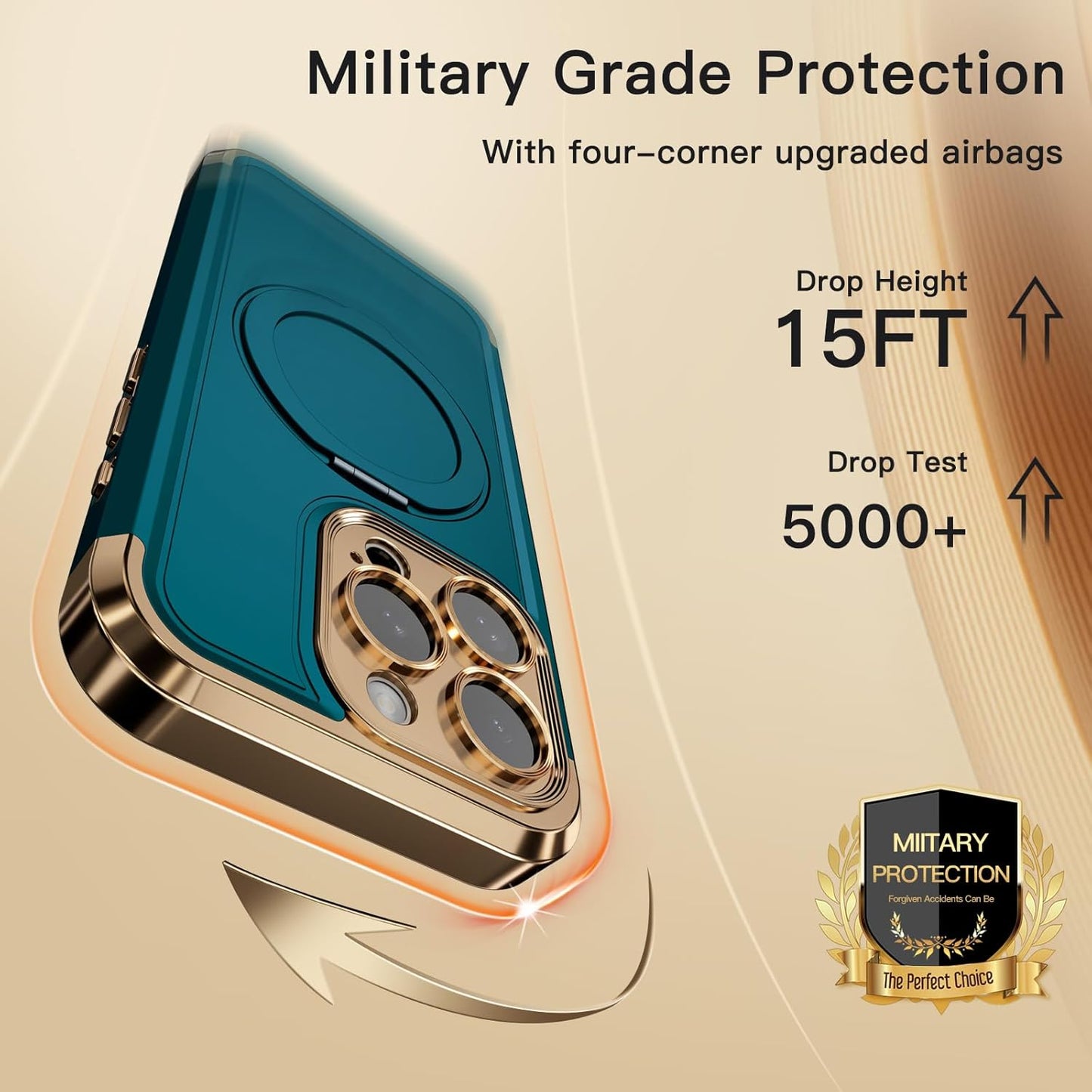 COOLQO for iPhone 14 Pro Case 6.1'' Upgraded 360° Spin Magnetic Stand [Compatible with Magsafe][Military Protection] Shockproof Protective Phone Holder Cover for iPhone 14 Pro, Green Gold