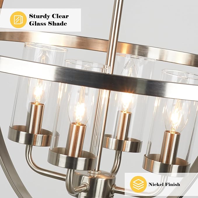Treekee 20'' Globe Chandelier Brushed Nickel Chandeliers, 4-Light Modern Orb Chandelier, Luxurious Hanging Light Fixture with Glass Shade, Pendant Light for Dining Room Entryway Living Room