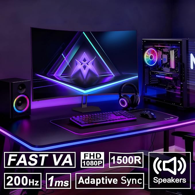 Amzfast 27 inch 200Hz Curved Gaming Monitor, FHD 1080P Computer Monitor with Built-in Speakers, MPRT 1ms with Fast VA Panel | 130% sRGB, 3000:1,1500R | 12 Months Warranty Exchange
