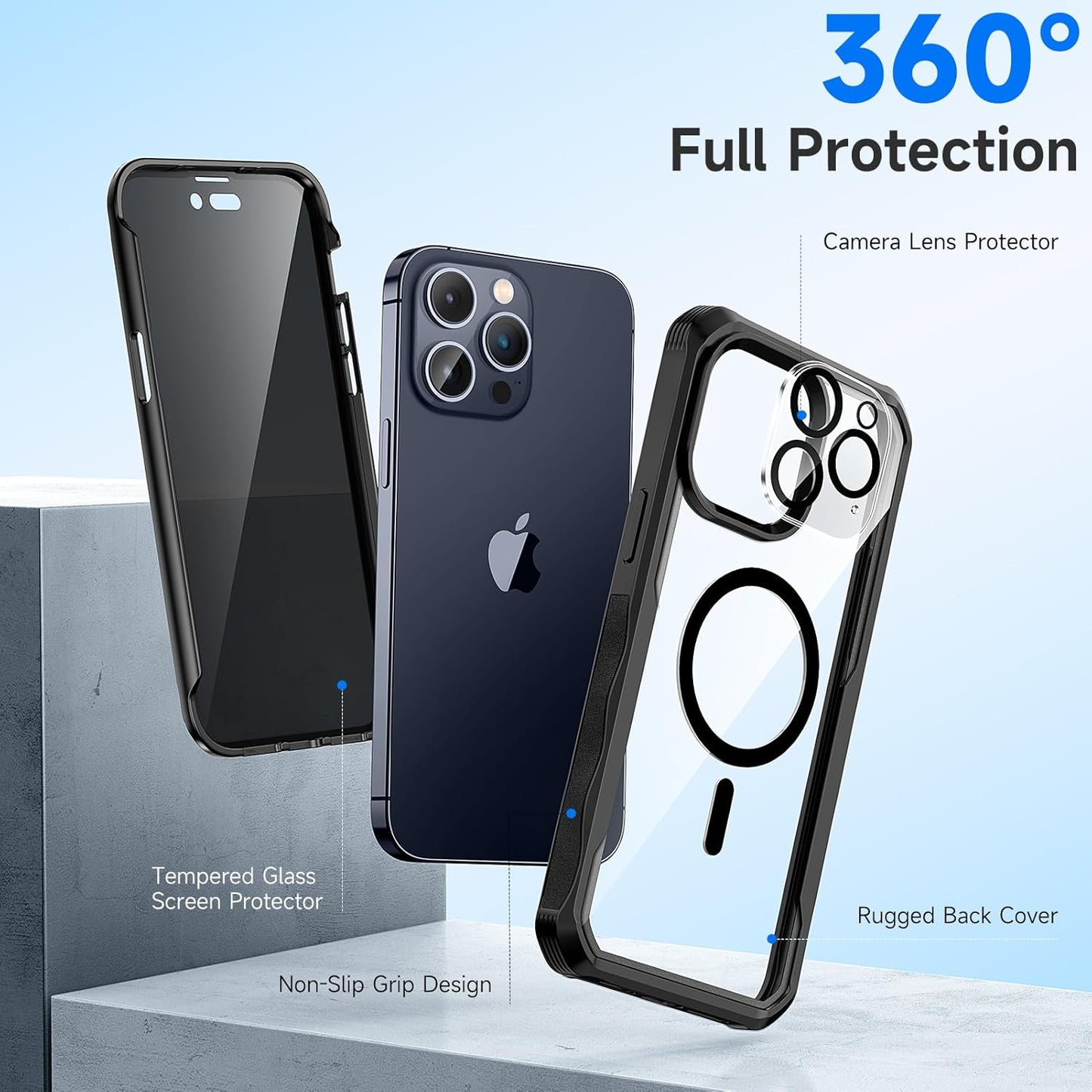 seacosmo for iPhone 15 Pro Max Case, Full Body Bumper with Built-in 9H Tempered Glass Privacy Screen and Camera Lens Protector, Compatible with MagSafe, Shockproof 15 Pro Max Phone Case, 6.7", Black