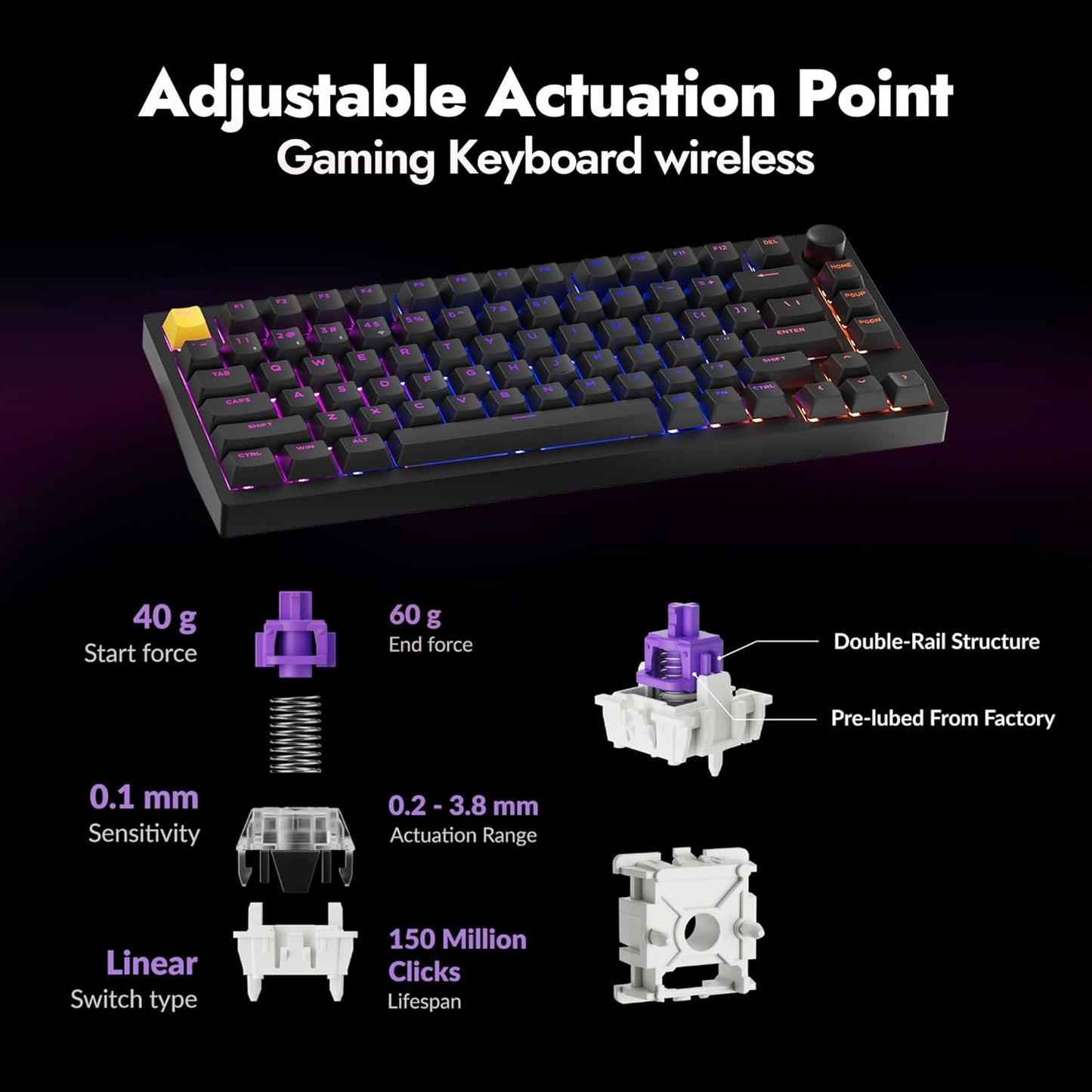 P1 HE 75% Wireless Custom Mechanical Gaming Keyboard with Gateron Double-Rail Magnetic Switches Knob Version, QMK 2.4 GHz Bluetooth 5.2 RGB Backlight Compatible with Mac Windows Linux-Black