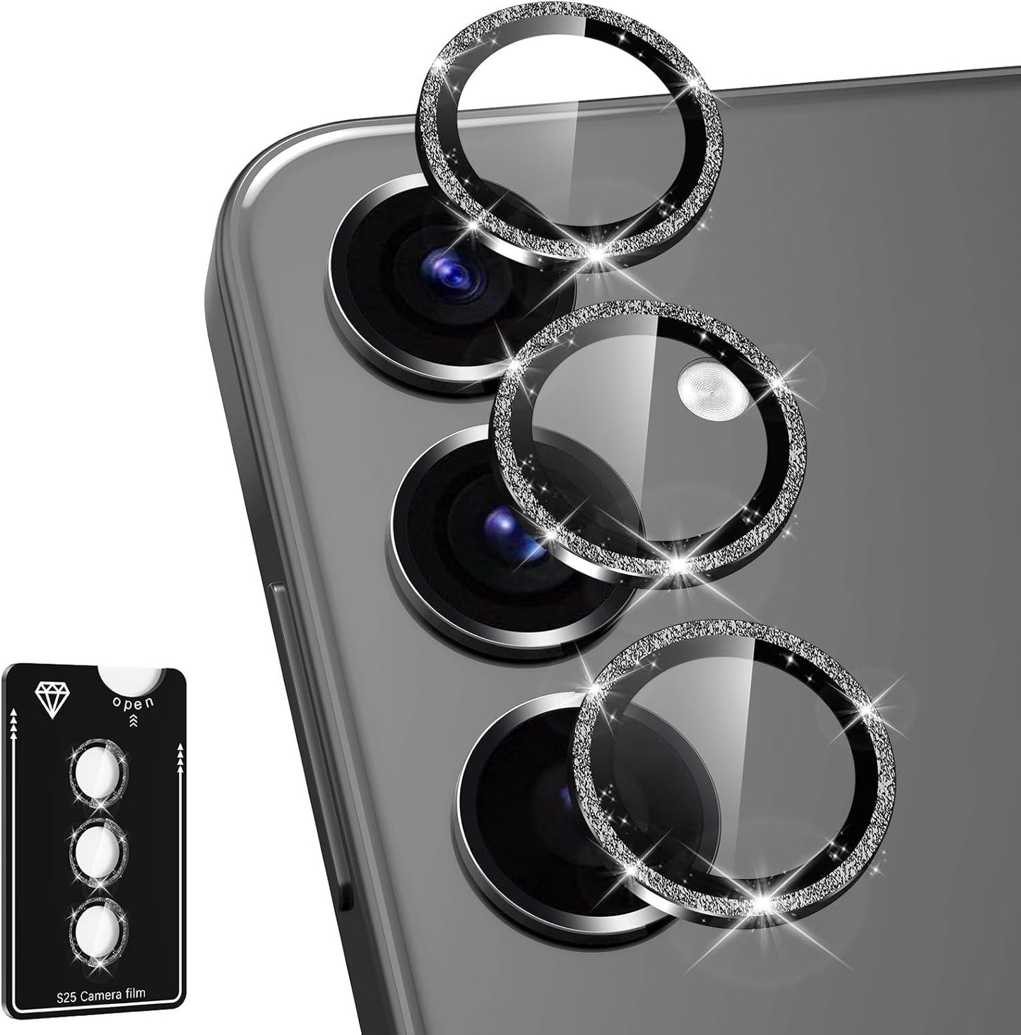 for Samsung Galaxy S25 Camera Lens Protector, Individual Metal Ring Tempered Glass Lens Cover, [Strong Adsorption] Scratch Resistant Ultra-Thin HD Clear Lens Cover, 1 Set-Black Sparkly