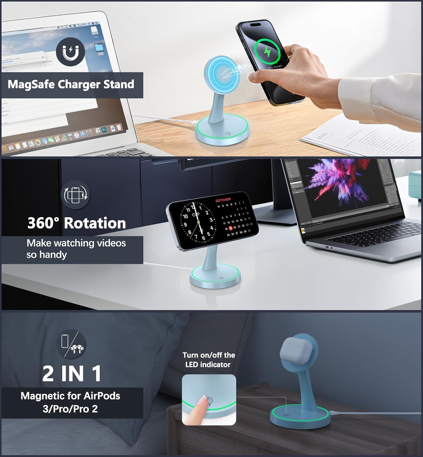 Magnetic Wireless Charger Stand 15W Fast Mag-Safe Charger for iPhone 16/16 Pro/16 Plus/16 Pro Max/15/14/13/12 Series Magnet Wireless Charging Station/Pad with Sleep-Friendly Light for AirPods
