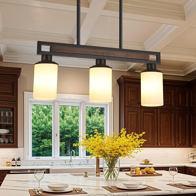 Farmhouse Dining Room Light Fixture, 3-Light Wood Kitchen Island Lighting for Dining Room Over Table, Black Adjustable Pendant Light with Milk Glass Shades, Linear Chandeliers Lighting for Kitchen