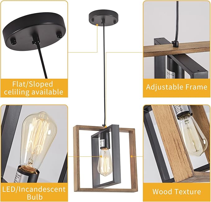 1 Light Kitchen Island Light Modern Black Dining Room Light Fixture Mini Wood Farmhouse Chandelier Hanging Pendant Light Fixtures for Foyer Hallway