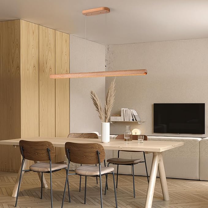 47inch Wood LED Linear Pendant Light, Dimmable Wood Ceiling Lamp,Minimalist Linear Chandelier, 36W Warm Light 3000K, Modern Kitchen Island Dining Room Lighting Natural Adjustable Height