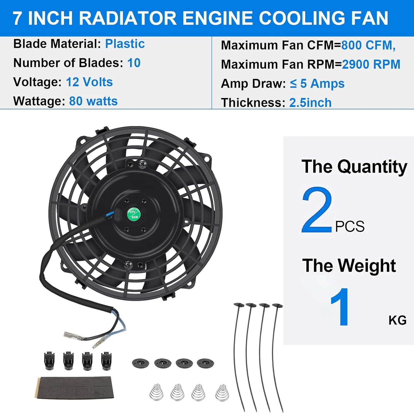 7 Inch Universal Slim Fan Push Pull Electric Radiator Cooling Fan 12V 80W Mount Kit Black Set of 2