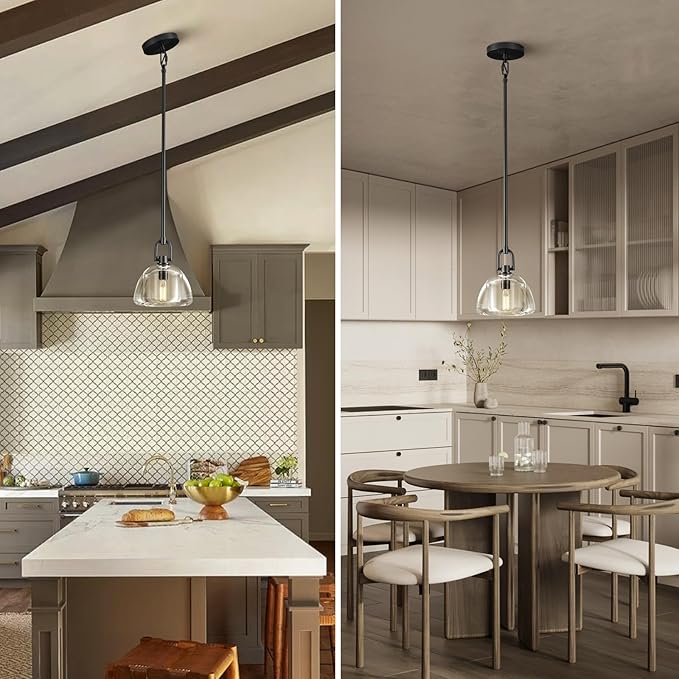 Pendant Light Fixture, 7" Glass Modern Black Pendant Lights Kitchen Island, Hanging Glass Dome Pendant, Black Kitchen Pendant Lighting Over Island, E12 Bulb Included, 2PCS