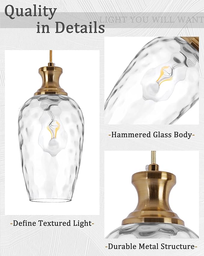 1-Light Farmhouse Pendant Light, Modern Hanging Ceiling Light with Hammered Glass in Brushed Brass Gold for Dining Room Kitchen Island Over Table